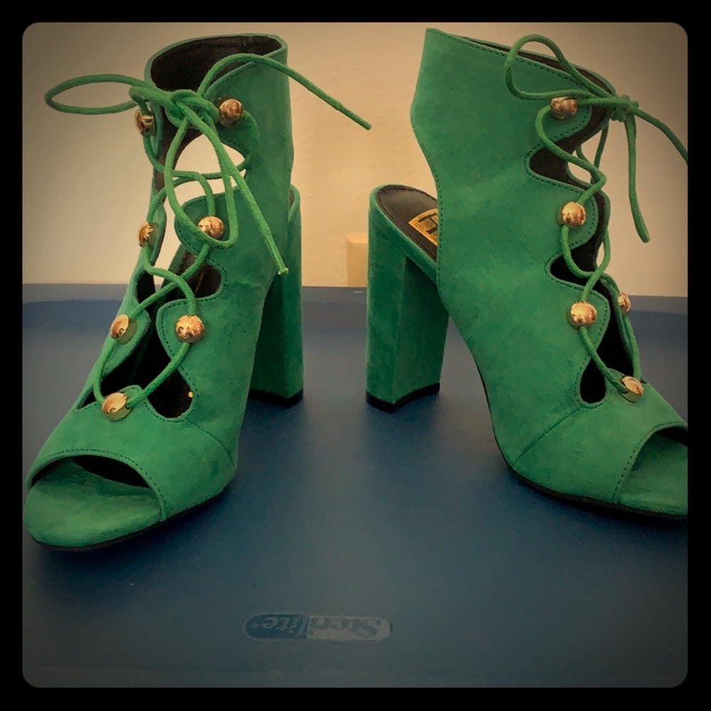 Green open toe booties